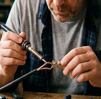 Man soldering an audio wire.
