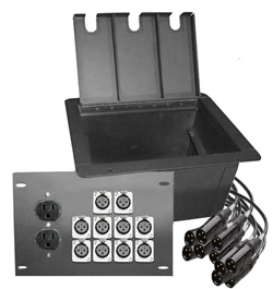 recessed floor box with 10 xlr female and 2 AC  power outlet duplexes wired with 2' XLR male pigtails.