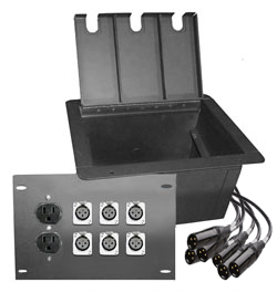recessed floor box with 6 xlr female and 2 AC  power outlet duplexes wired with 2' pigtails.