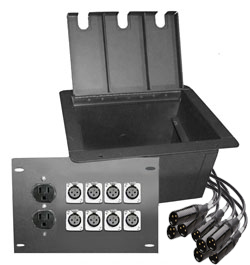 recessed stage box with 8 xlr female and 2 AC  power outlet duplexes wired with 2' solderless quick connect male XLR.