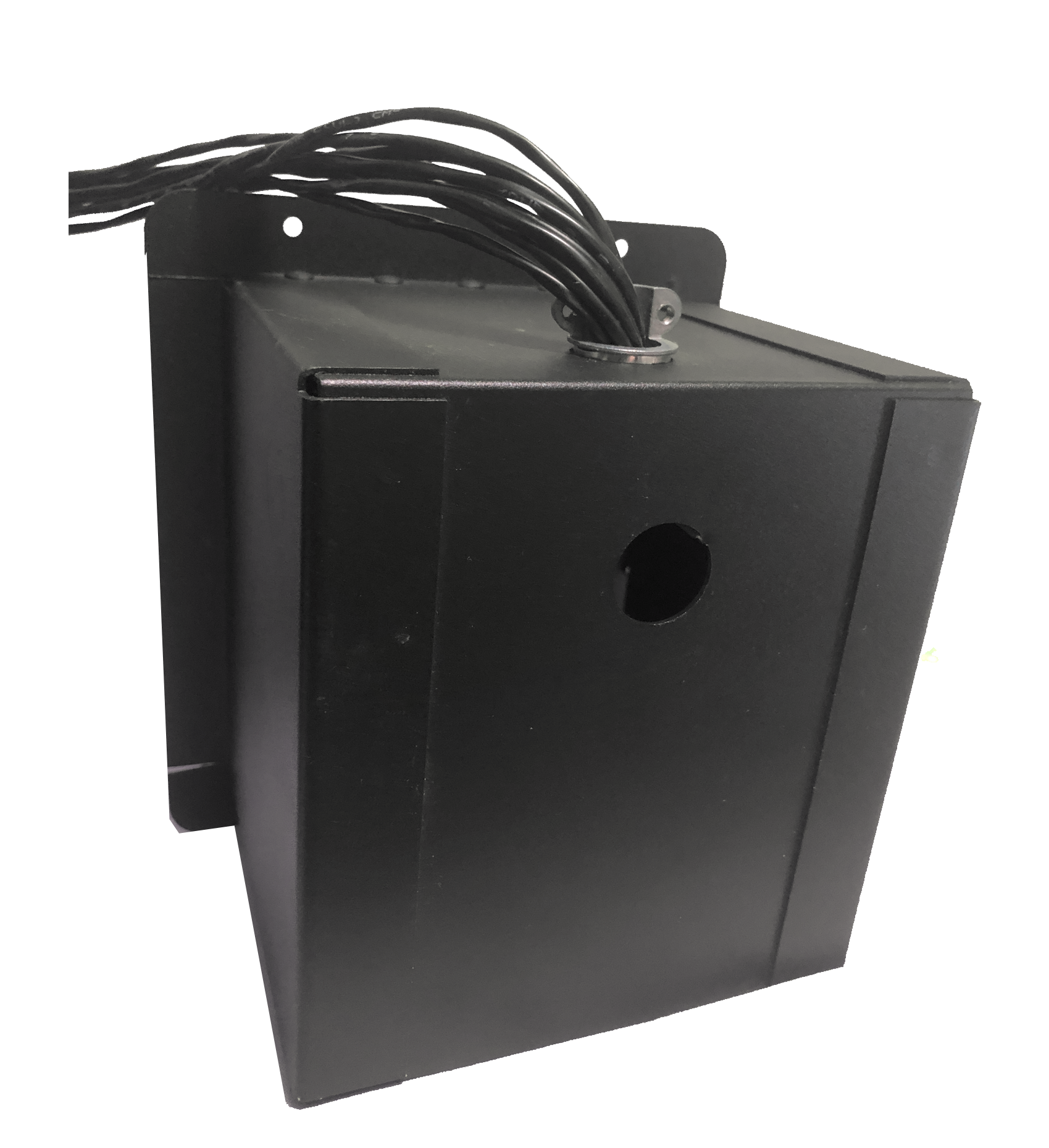 Access hole for cables exiting a recessed audio stage pocket.