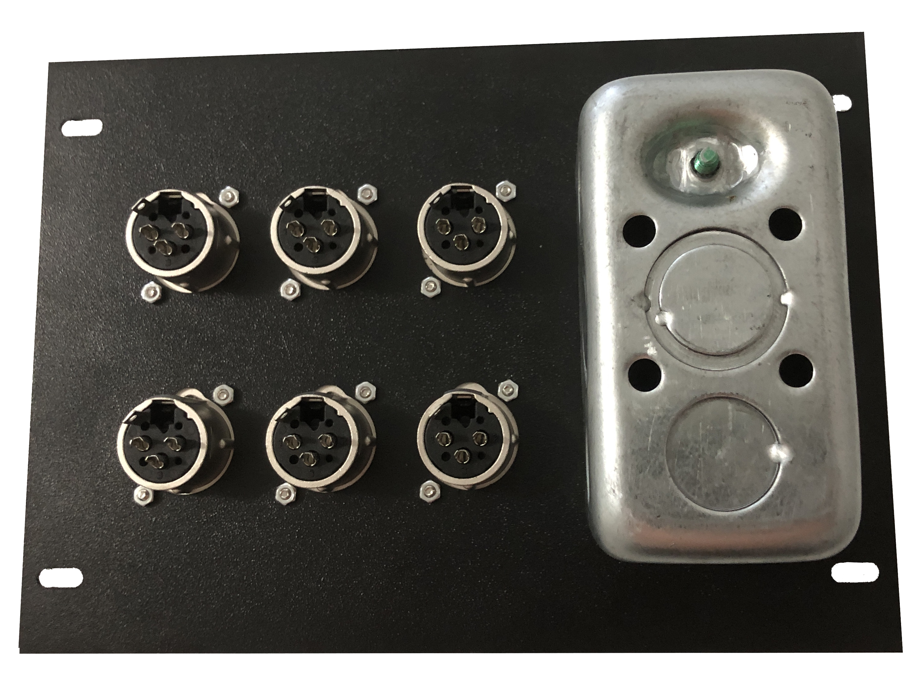 Audio connector plate back side with AC duplex backing box.