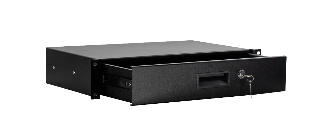 Shallow depth double space rack mount sliding drawer.