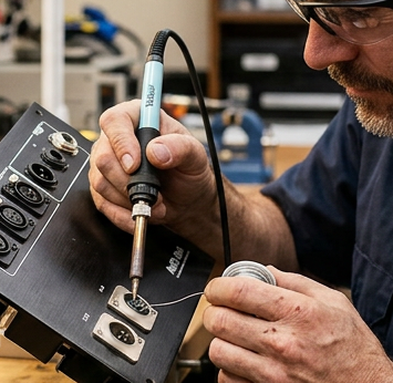 Man soldering an audio video wall panel